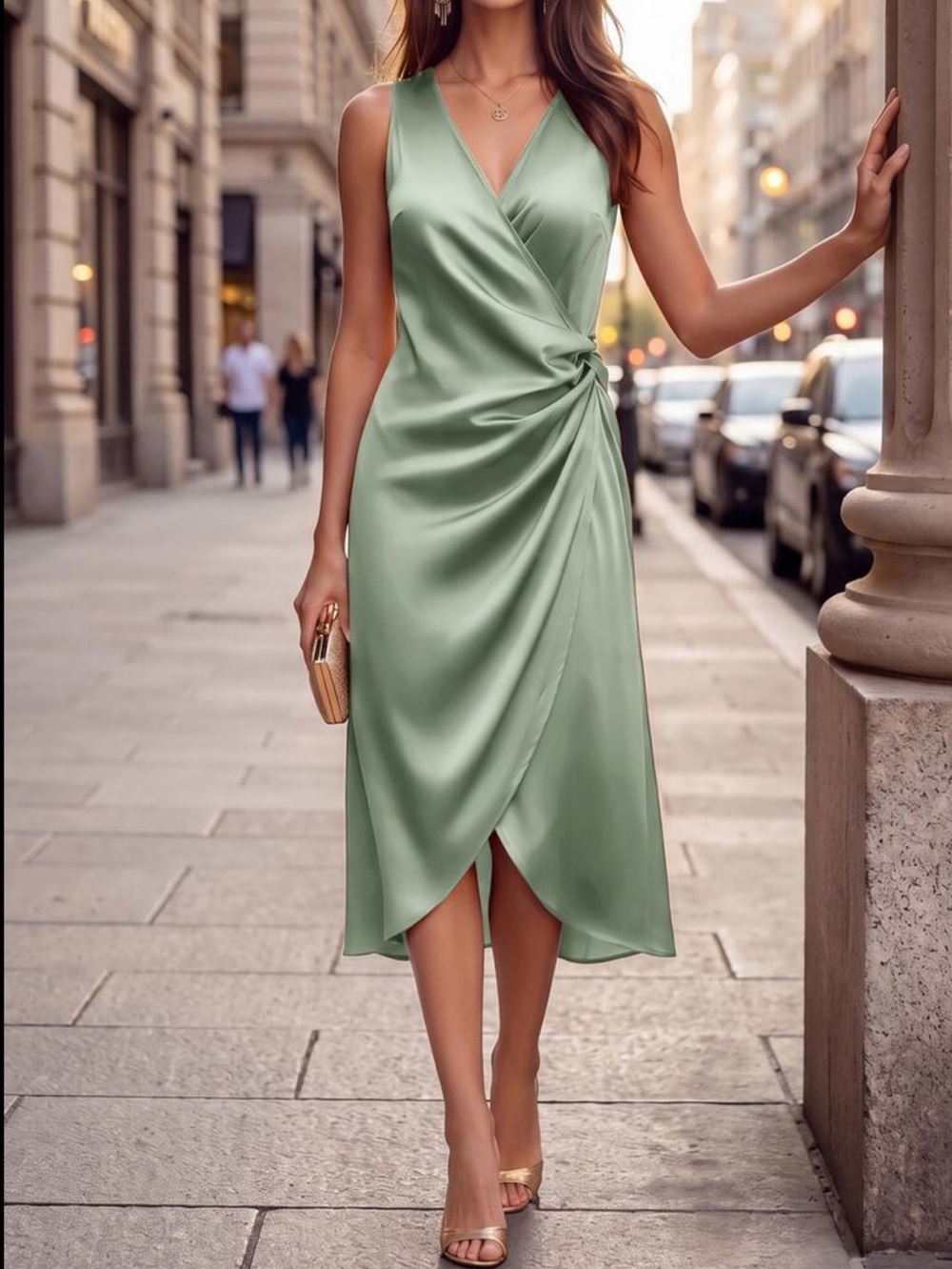 Elegant Green Wrap Sleeveless Midi Dress
